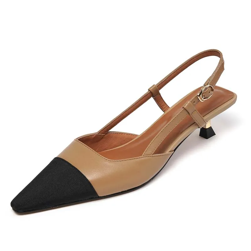 

Genuine Leather Women Slingback Sandals Summer Patchwork Pointed Toe Mid Heels Apricot Beige Buckle Party Shoes SmallHut Brand