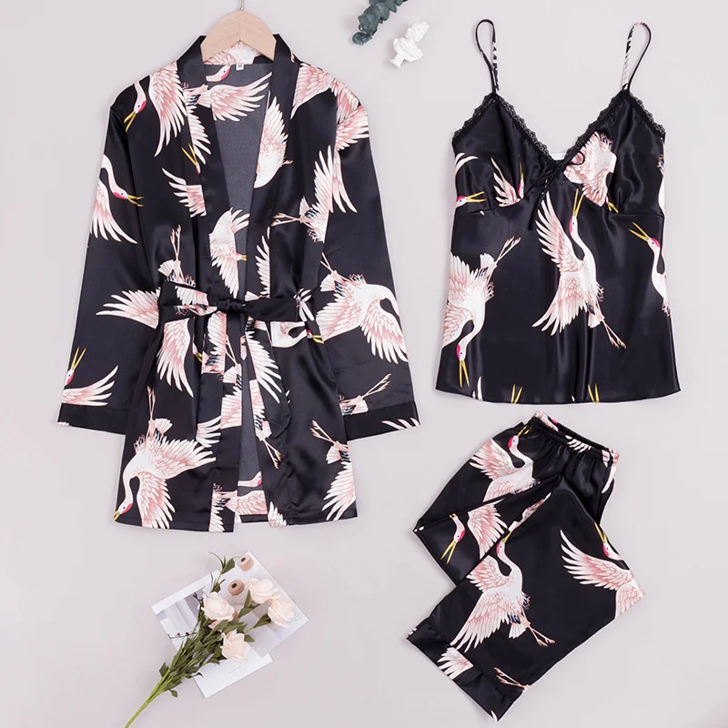 

Yaoting ice silk women's pajamas spring and summer suspender pants robe three piece suit home suit stz1320