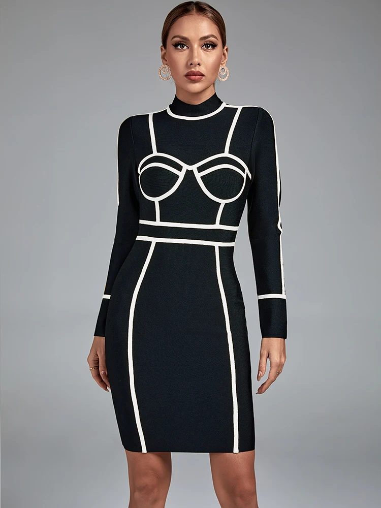 

Black and White Bandage Dress Women Long Sleeve Bodycon Dress Evening Party Elegant Sexy Club Outfits 2022 Autumn Winter