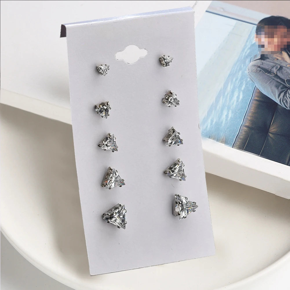 

1 Set/6 Pair Delicate Triangle Zircon Earrings Stylish Silver Color Earrings Party Jewelry Eye-catching Women's Party Earring