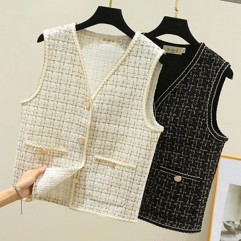 

Women Spring Fall Plus Size Vest Tops V-Neck Sleeveless Pocket Black White Plaid Loose Female Wild Tweed Thin Waistcoat Chalecos
