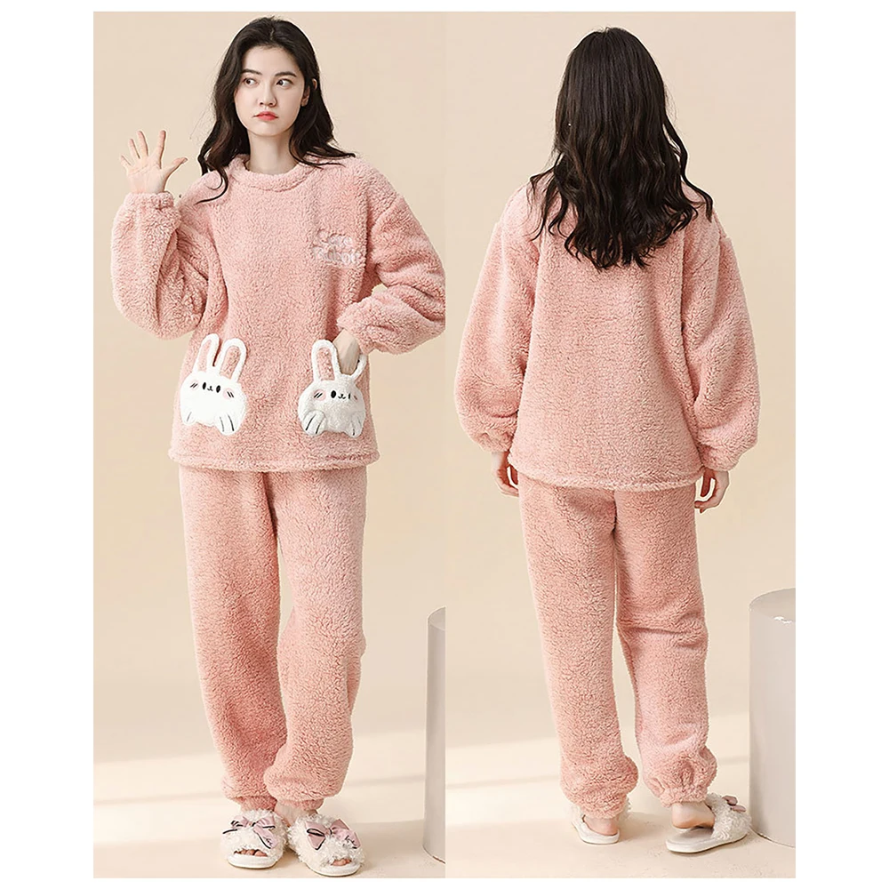 Sweet Cute Cartoon Rabbit Pajama Sets Winter Warm Thicken Flannel Pajamas for Women Casual O Neck Sleepwear Elastic Pijama Pants