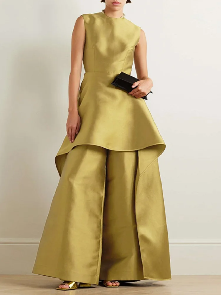 Женский модный однотонный комбинезон Bonboho 2024 золотистый с круглым вырезом без