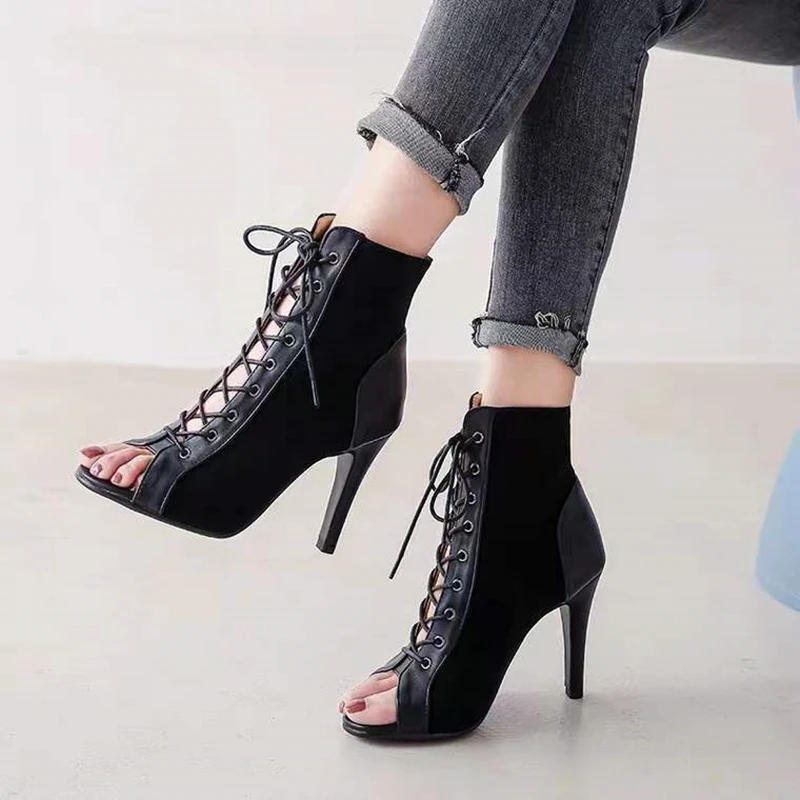

Босоножки женские на шнуровке, туфли на каблуке 8 см, пикантные модные тканевые туфли с открытым носком, черные, для джазовых танцев, лето 2023