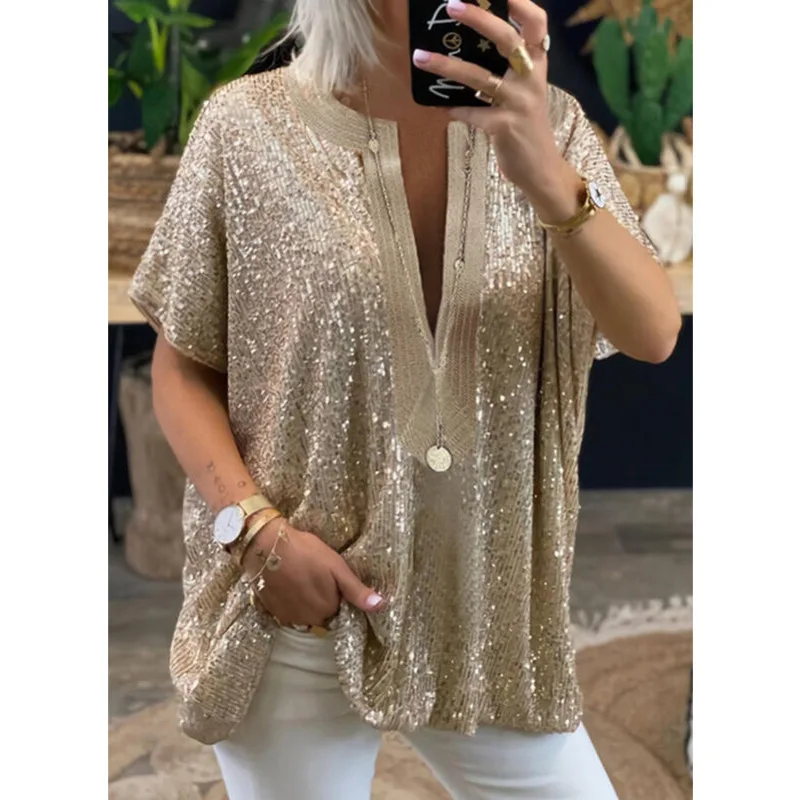 

2023 Elegant Women Sequins T-Shirt Summer Casual V Neck Short Sleeve Loose Chic Women's Tee Shirt Gold Sexy T Shirts Sequin Tops