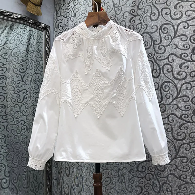 

Женская блузка с цветочным принтом, элегантная белая блузка из 100% хлопка с длинным рукавом и аппликацией, весна-лето 2023