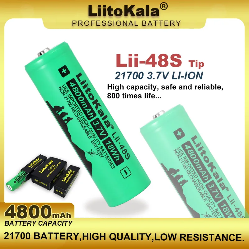 

1-10pcs Liitokala Lii-48S 3.7V 4800mAh 21700 Battery 9.6A Power 2C Discharge Rate Lithium Battery for Flashlight (without PCB)