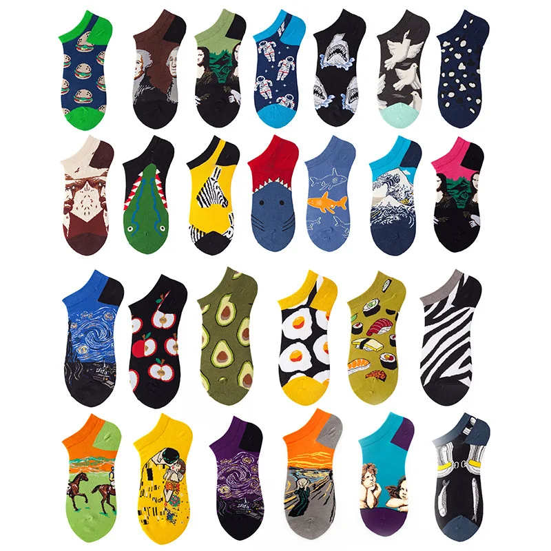 

5 Pairs/Pack Cotton Men Ankle Socks Fashion Cartoon Casual Avocado Strip Food Astronaut Harajuku Short Boat Socks
