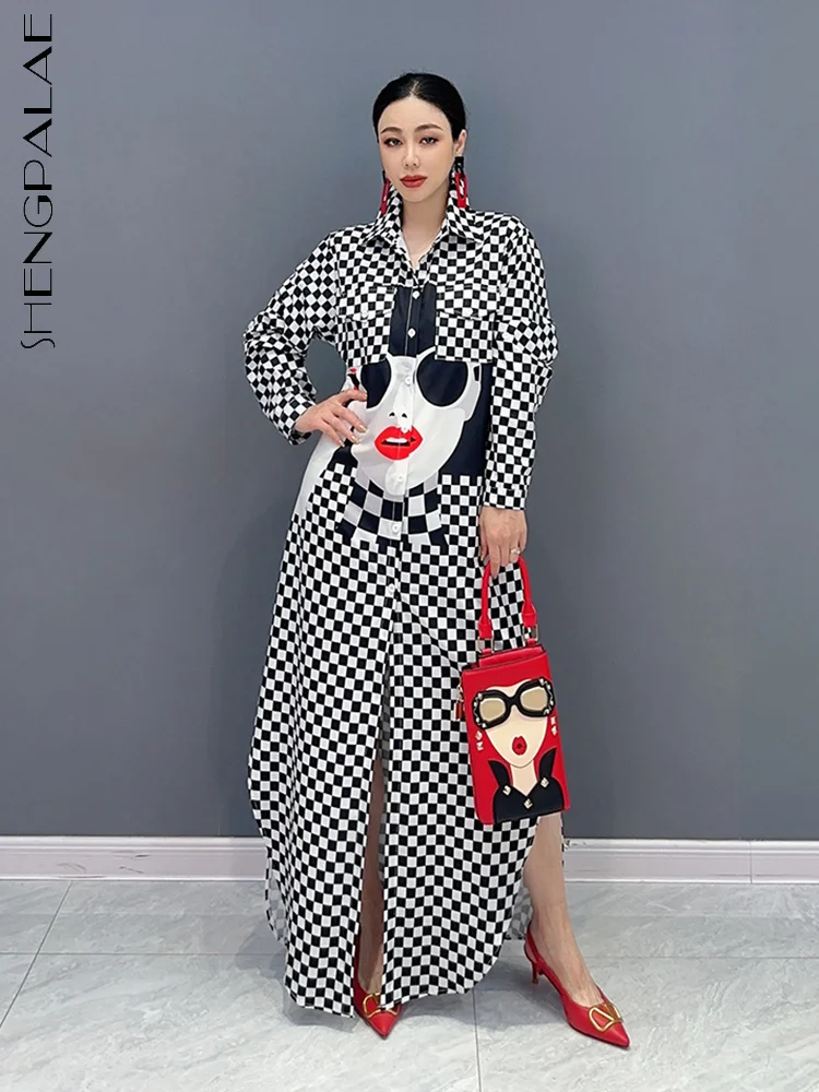 

SHENGPALAE Fashion Plaid Dress For Women Sunglasses Girl Printed Lapel Full Sleeve Single Breasted Robe Summer 2023 New 5R4470