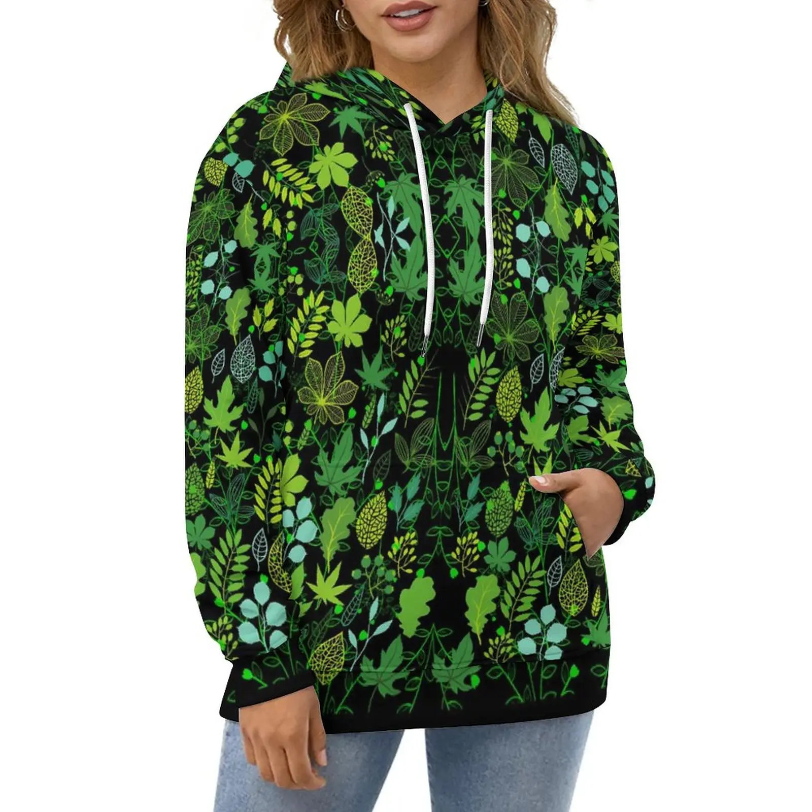 

Повседневные толстовки с принтом растений, элегантная свободная толстовка с рисунком зеленых листьев, Модные осенние толстовки оверсайз с капюшоном и длинным рукавом