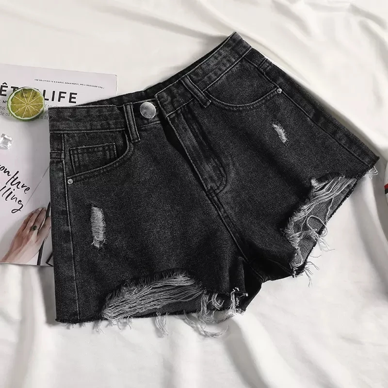 Spicy Girls' Perforated Denim Shorts Women's Clothing High Waist Summer Shorts Korean Loose A-line Large Size Hot Pants AC311