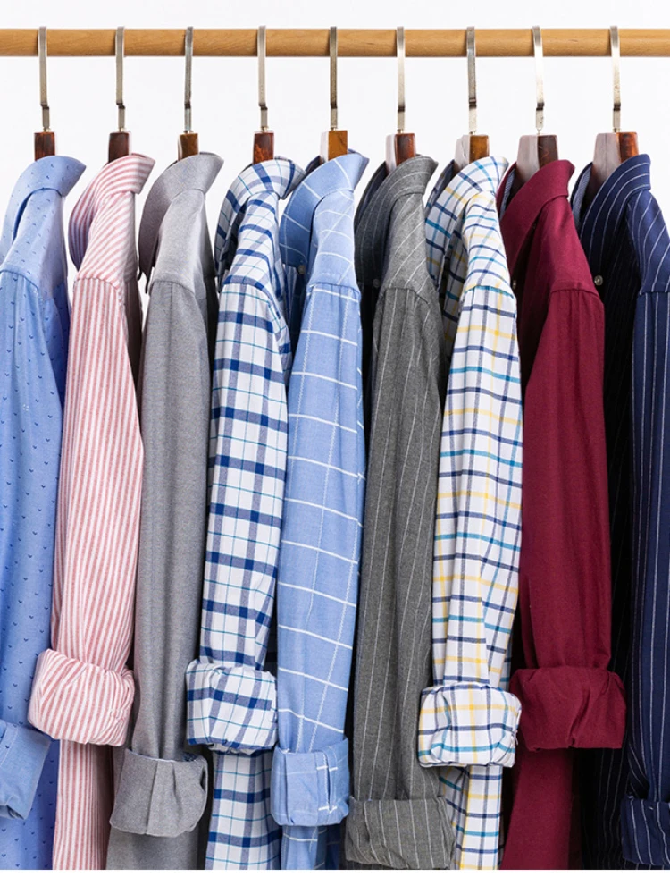 Shirt Oxford Men Fashion 100% Cotton Thin Long Sleeve Casual Slim Solid Color Plaid Print Stripe Formal Dress Shirt Plus 7XL 6XL