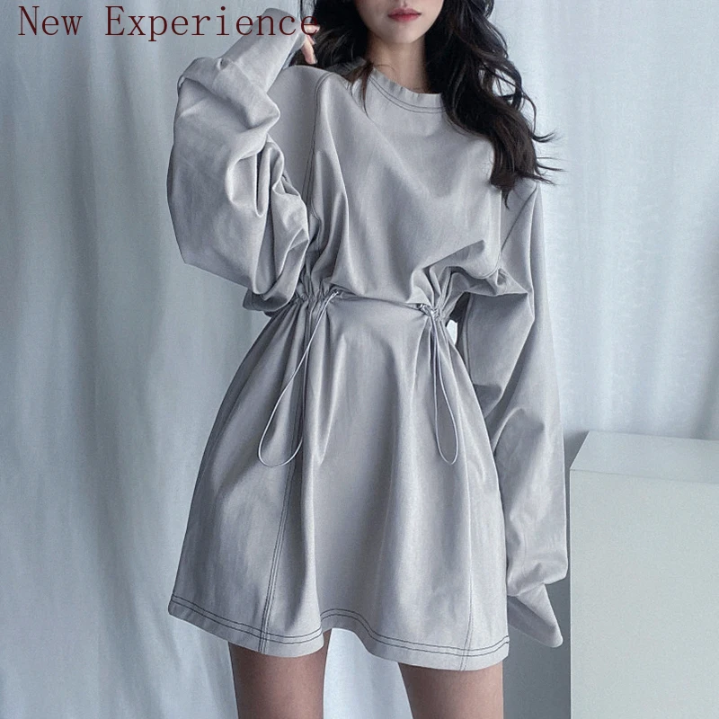 

2021 New Korean Basic Drawstring Waist Dress Loose Casual Slim Solid Color Long Sleeve Mini Dress Women's Streetwear Fashion