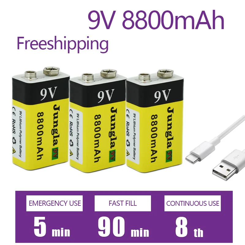 

New 9V 8800mAh Lithium Ion Fast Rechargeable Battery Teyt-c Interface USB Battery 9V Multimeter Lithium Microphone Toy Cable Rem