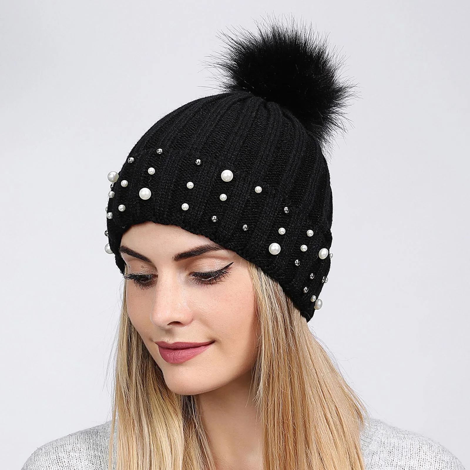 

2022 Women Wool Knitted Hat Autumn Winter Pearls Warm Wool Big Ball Cap Thickened Ladies Caps Brimless Breathable Fashion Hat