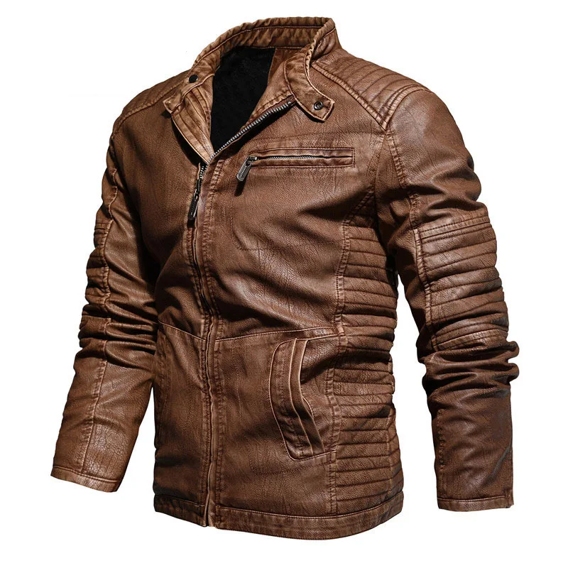 Asymmetric Zip Jackets Faux Leather Pleated Motorcycle Winter  Men's Coat Heavy Male Luxury Brand Overcoat