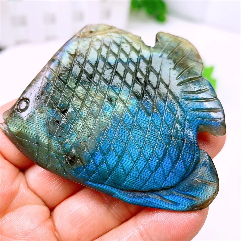 

Natural Labradorite Fish Carving Tail Carving Hand Polished Reiki Healing Crystal Gift Room Office Home Decoration 1PCS