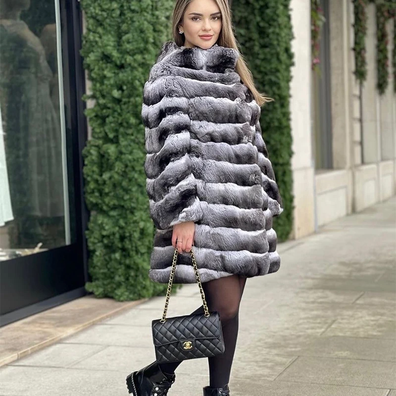 Natural Rex Rabbit Fur Long Jacket Women Witner Outertwear High Street Luxury Warm Tops Genuine Genuine Rex Rabbit Coat Female