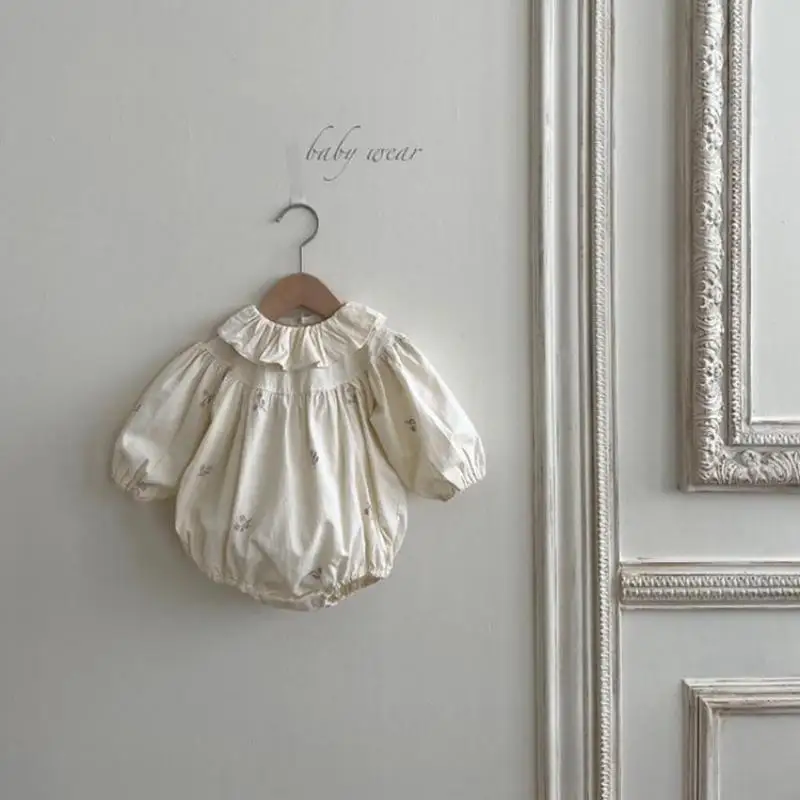 2022 New Baby Girl Flower Embroidery Ruffle Collar Bodysuit Cotton Newborn Girl Long Sleeve Jumpsuit Infant Princess Clothes