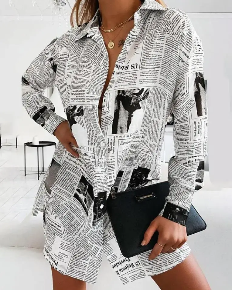 

Dresses for Women 2022 Summer Newspaper Print Long Sleeve Buttoned Casual Turn-Down Collar Daily Mini Shirt Dress Without Belt