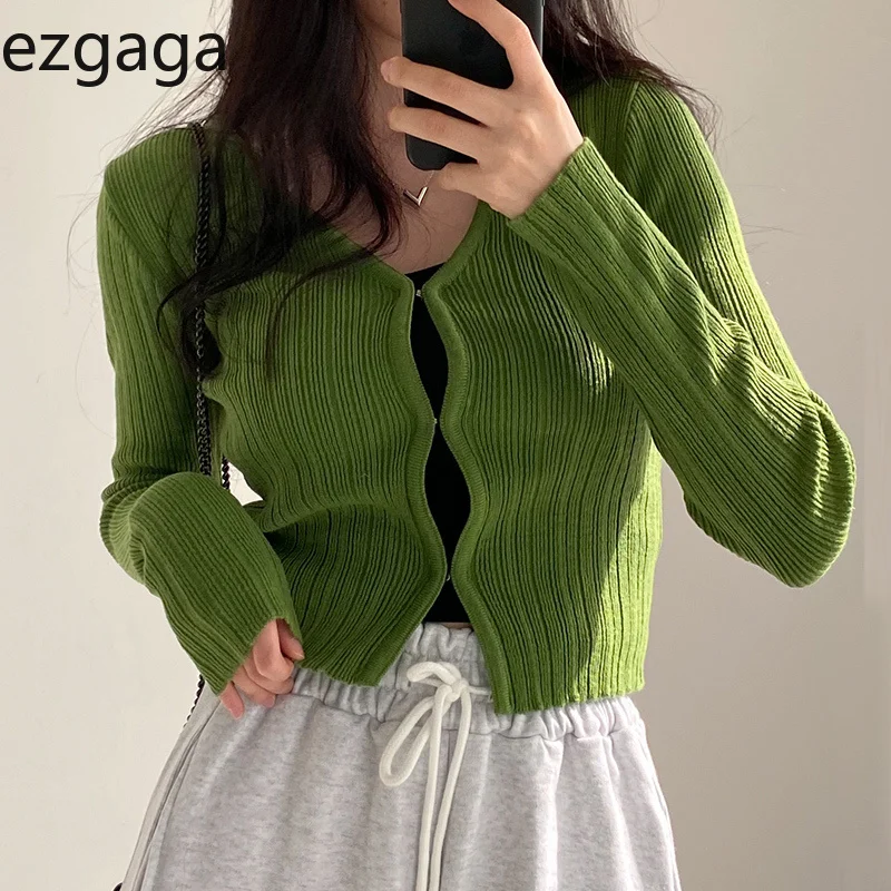 

Cropped Women V Neck Covered Button Solid Stretch Thin Spring 2022 Long Sleeve Knitted Tops Casual Lady Sweater