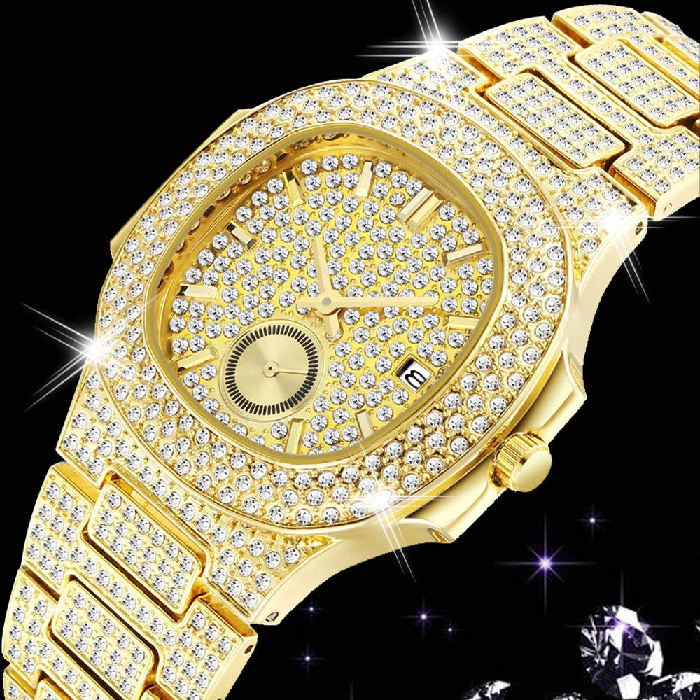 

Часы наручные мужские кварцевые с фианитом, люксовые модные полностью алмазные, в стиле хип-хоп, с фианитом AAA, 18-каратное золото