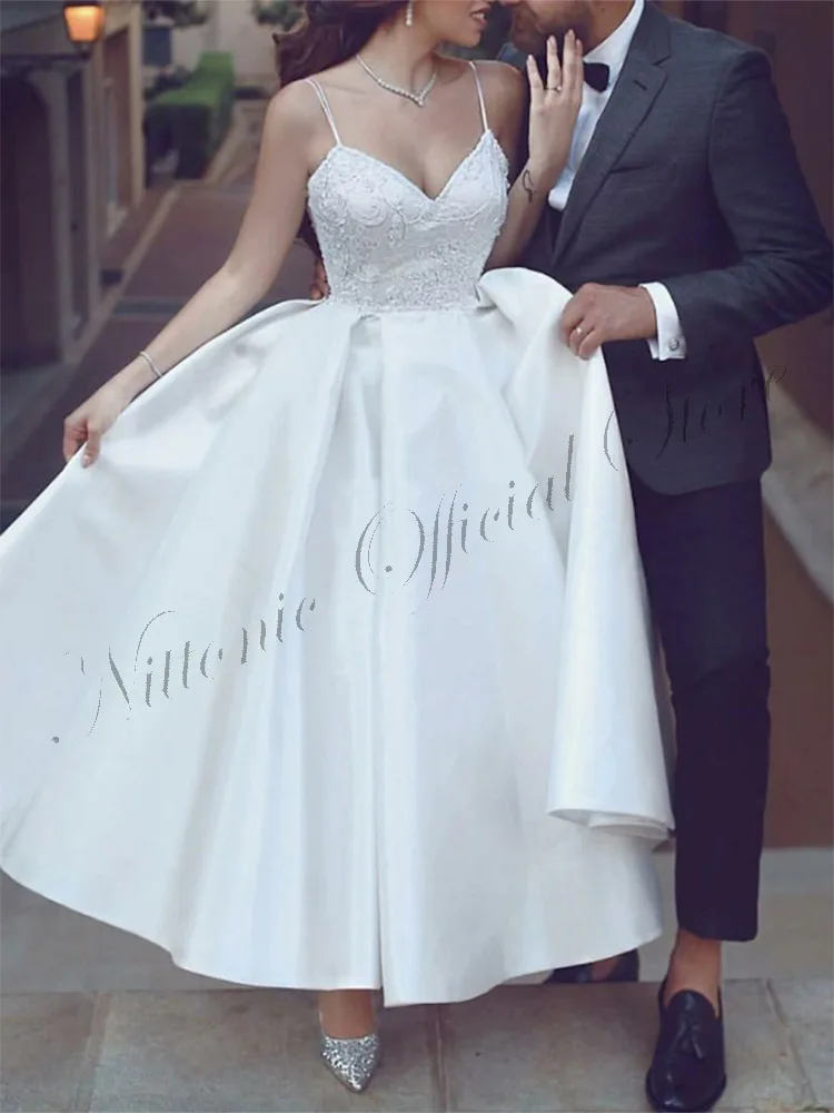 

Wedding Dresses for Bride Women Satin Lace Appliques Sleeveless Backless Ankle-Length A-Line Party Prom Evening Gown Formal 2023