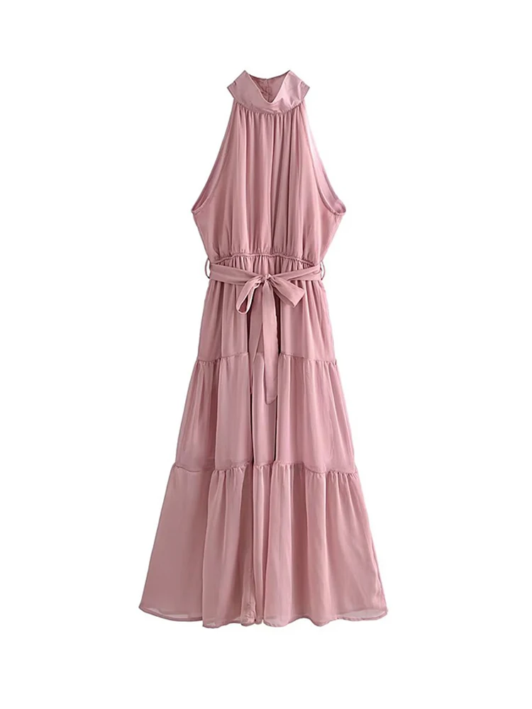 

Summer Pink O-neck Sleeveless Chiffon Dress Women Elastic Waist Spliced A-line Midi Dresses With Sashes 2022