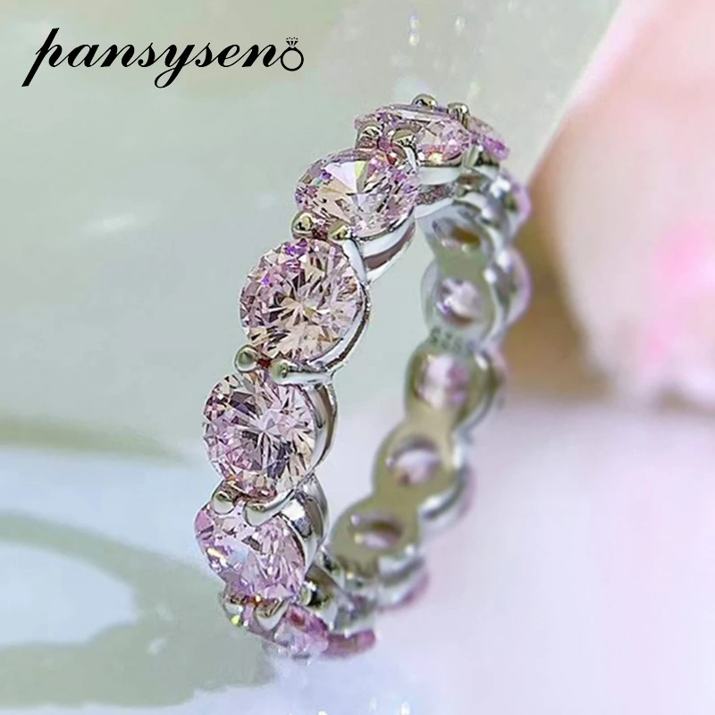 

PANSYSEN Romantic Real 925 Sterling Silver 5MM Round Cut Pink Sapphire Citrine Gemstone Finger Rings for Women Fine Jewelry Gift