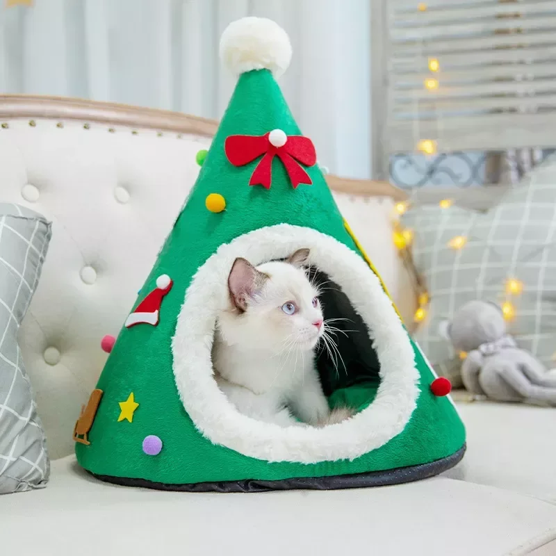 

NEW2023 Warm Pet Bed Christmas Hat Shape Cat Kennel House Soft Plush Nest Puppy Small Cat Sleeping Beds Tent Portable Pet Cushio