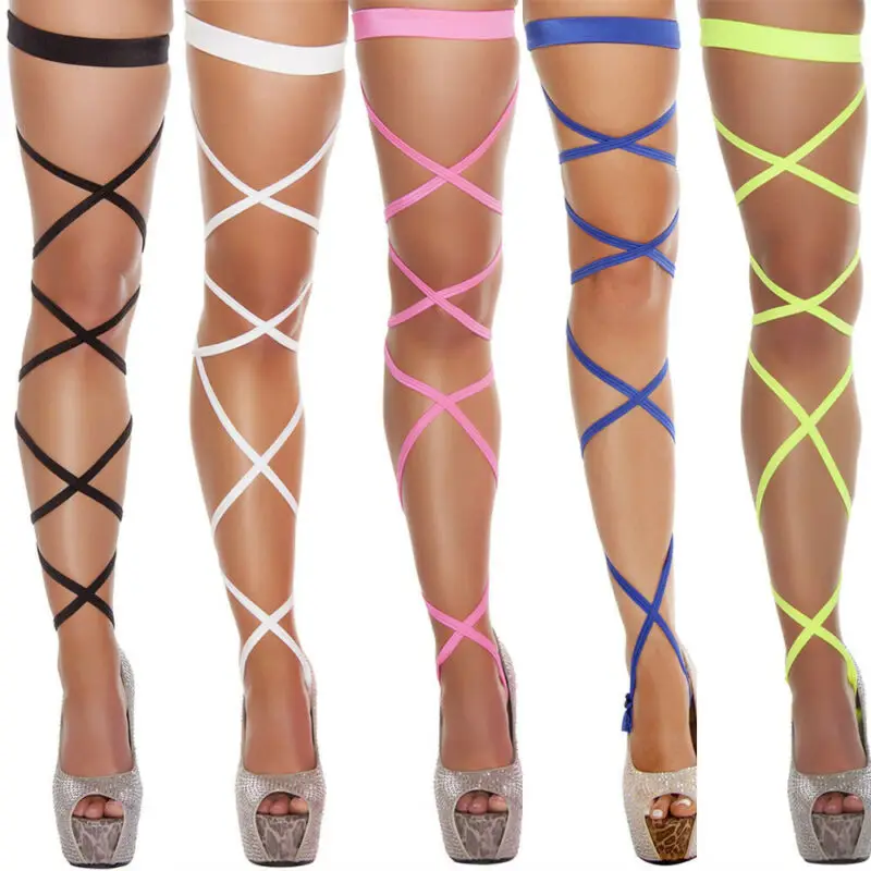 

Tights Solid Color Cross Straps Socks Sexy Women Bandage Fishnet Stockings Thigh-High Studded Thigh High Leg Rave Wraps Strappy