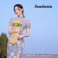 2022 in the summer womens daily retro improved lace and pearl embroidered flowers in middle and long cheongsam landuxiu
