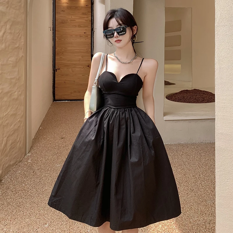 

Сексуальное женское платье на бретельках, 2023 летнее кружевное платье с открытой спиной, черное платье в стиле Хепберн, Пляжное праздничное вечернее длинное платье