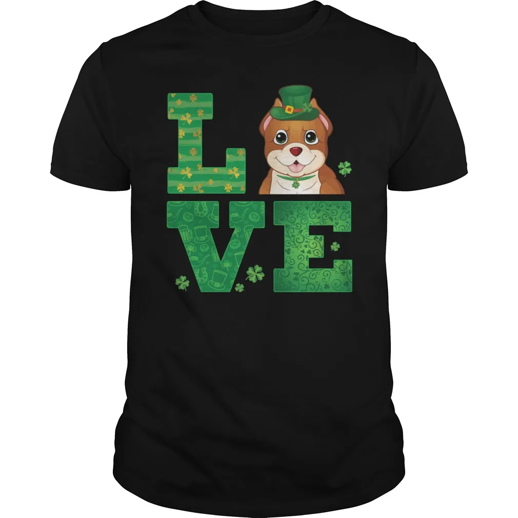 

St Patricks Day Green Shamrock Love Pit Bull Dog T Shirt. New 100% Cotton Short Sleeve O-Neck T-shirt Casual Mens Top