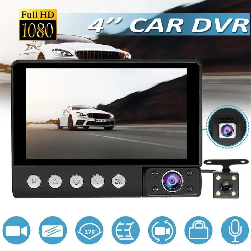 4 Inches Dash Cam For Car DVR 2 Lens Car Video Recorder 3 Cameras Front And Interior And Rear Cam Night Vision Black Box Auto