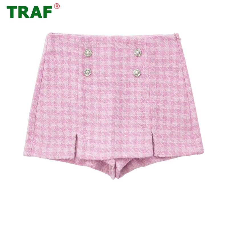 

TRAF Pink Skirt Shorts Women Textured High Waist Shorts Woman Summer Bejeweled Button Plaid Female Shorts Fashion Streetwear