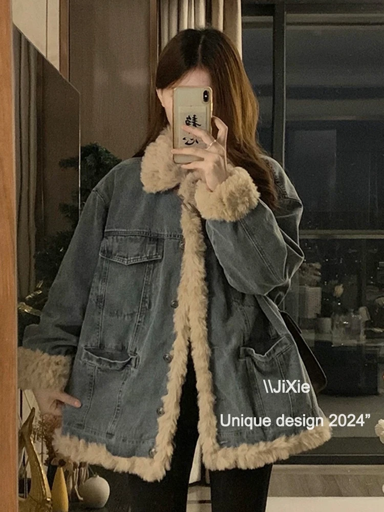 Thickened Fleece-lined Quilted Lamb Wool Denim coat Women Winter Cotton-Padded Clothes High Sense Berber Fleece Parker ...