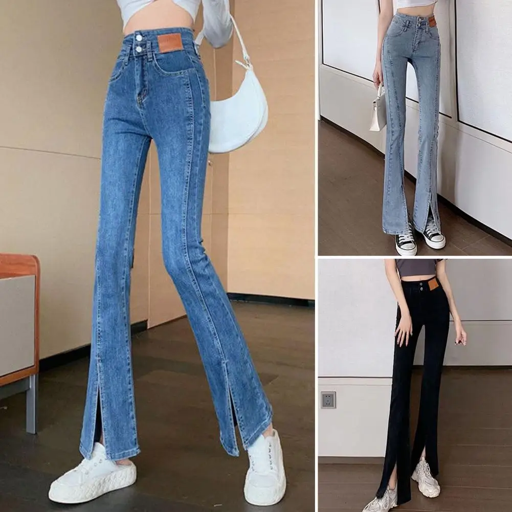 

Spring Autumn Denim Pants Solid Color High Waist Washable Flared Split Stretchy Jeans Casual Denim Pants Streetwear