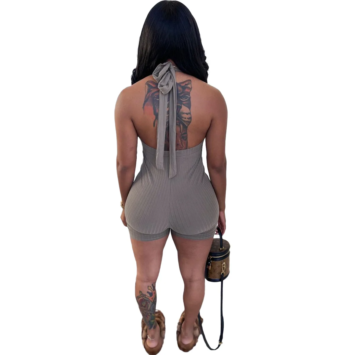 Prowow Sexy Women Playsuits V-neck Sleeveless Halter Summer Ribbed One-piece Romper 2023 New Bodysuits Female Clothing Outits