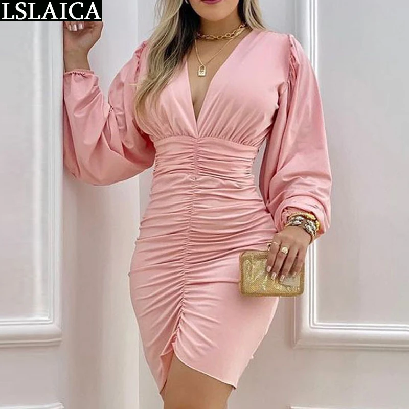 

Облегающие платья для женщин, лето 2022, длинные рукава, глубокий v-образный вырез, сексуальные розовые вечерние платья, драпированные Элегант...
