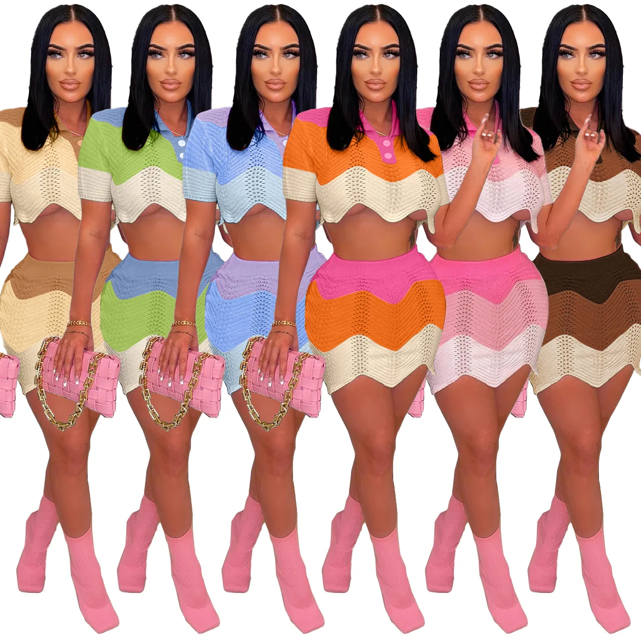 

Женский трикотажный комплект из 2 предметов, привлекательные трикотажные шорты с коротким рукавом и отложным воротником, укороченный топ и ...