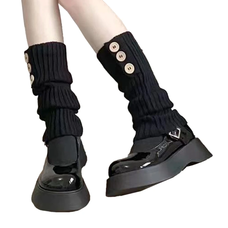

Women Ribbed Knitted Leg Warmer School Student 3 Button Foot Cover Stretch Socks