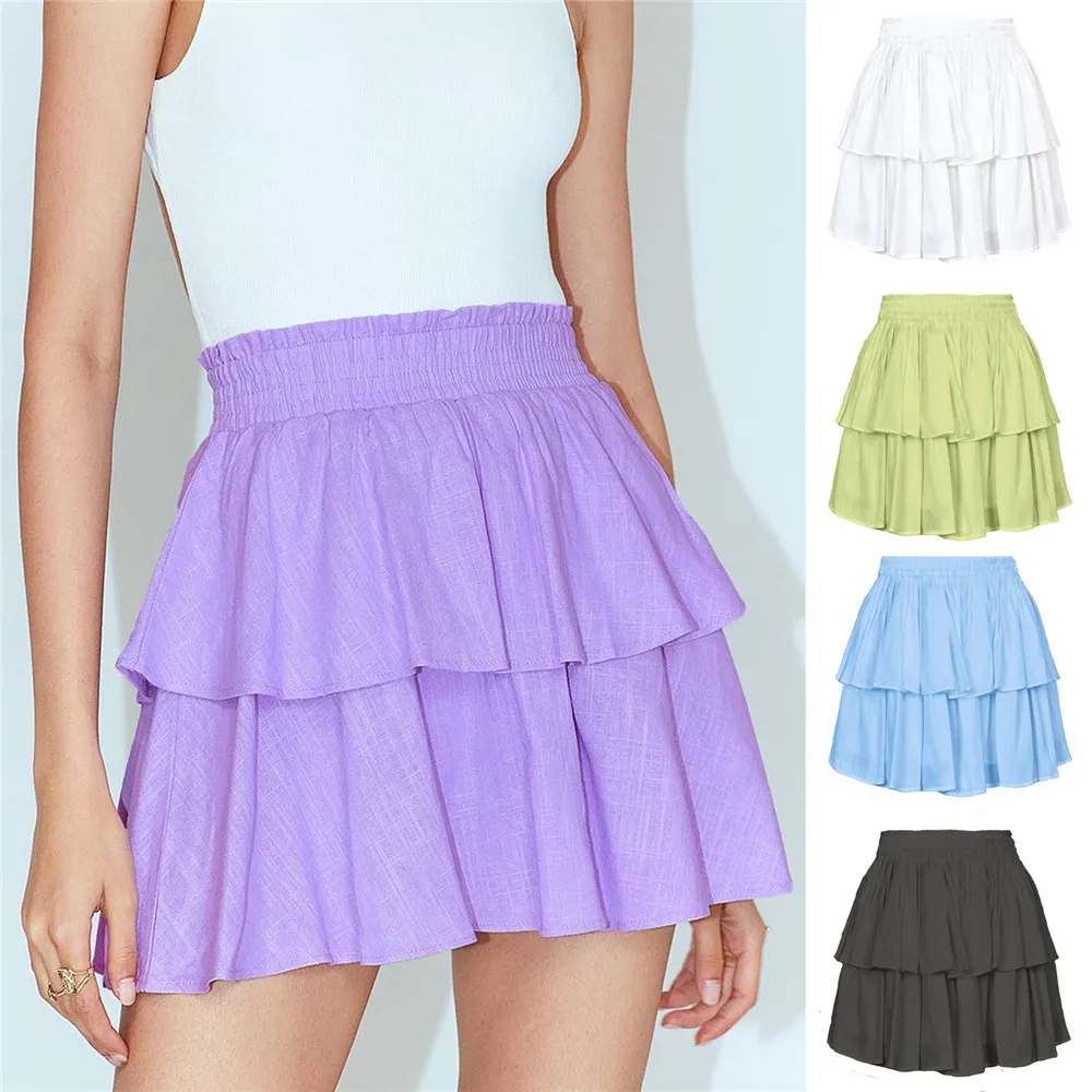 

2022 Summer New Women's Double Layer Cake Mini Skirt Ladies Solid Color Ruffled Elastic Waist Stitching Short Skirt
