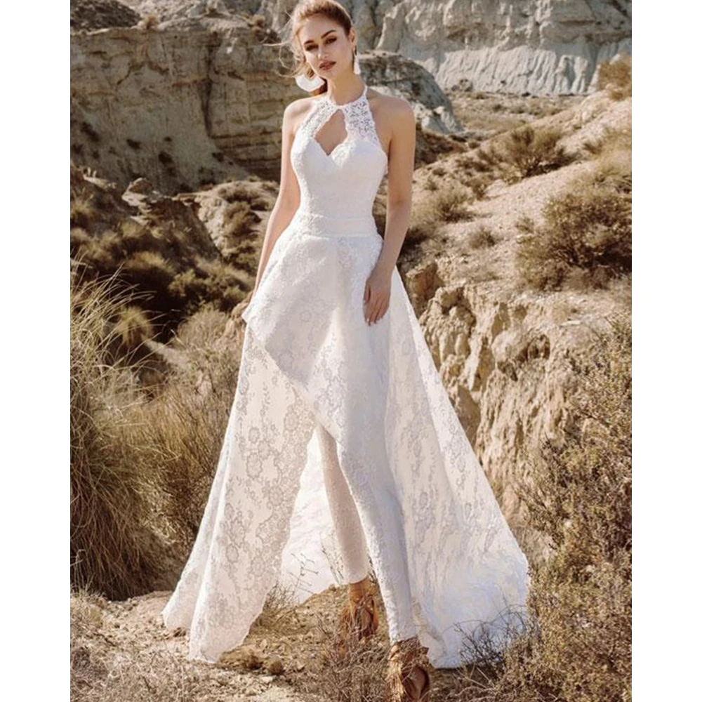 

Simple Halter Colllar Sleeveless A-Line Wedding Dress For Women 2022 Zipper Back High/Low Flower Pattern Robe De Mariée