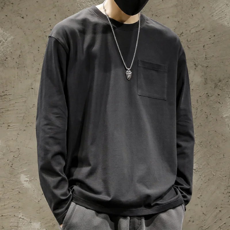 

Men's White Classic Long Sleeve T-Shirt Casual 100% Cotton Tops Basketball Round Neck Pullover Tees Hem Split Youth Clothing