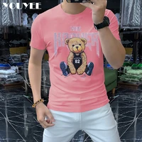 Mens Printed Bear T-shirt Summer Fashion Brand Slim Mercerized Cotton Male Short Sleeve Hot Rhinestone Pink Tees Mens Clothing
