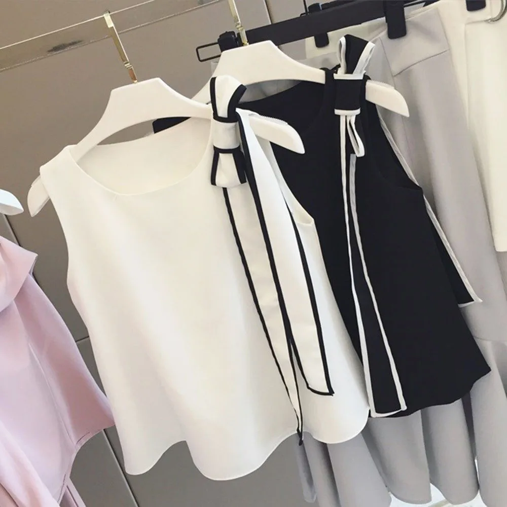 

Tank Top Solid Women 2022 Summer White Black Sleeveless Lady Work Bow Tie Tops Casual Loose Simple Female Vest Korean Japan