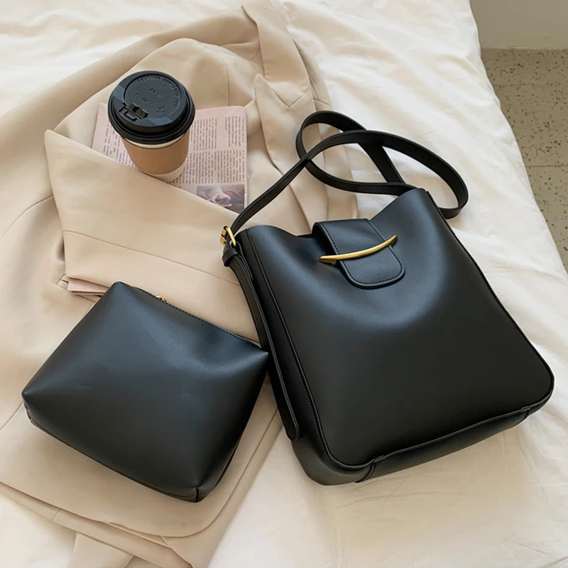 2 Pcs/set Vintage Simple Small PU Leather Bucket Crossbody Bags For Women 2022 Designer Lady Luxury Shoulder Handbags