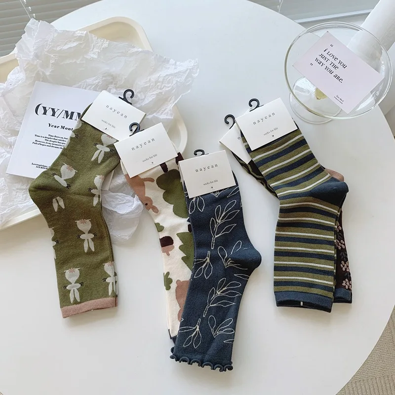 5 Pairs/Lot Women Long Socks Set Soft Combed Cotton Cute Socks Harajuku Japanese Korean Autumn Winter Cartoon Short Socks Sox
