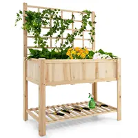 Raised Garden Bed Elevated Wooden Planter Box w/ Trellis & Open Storage Shelf